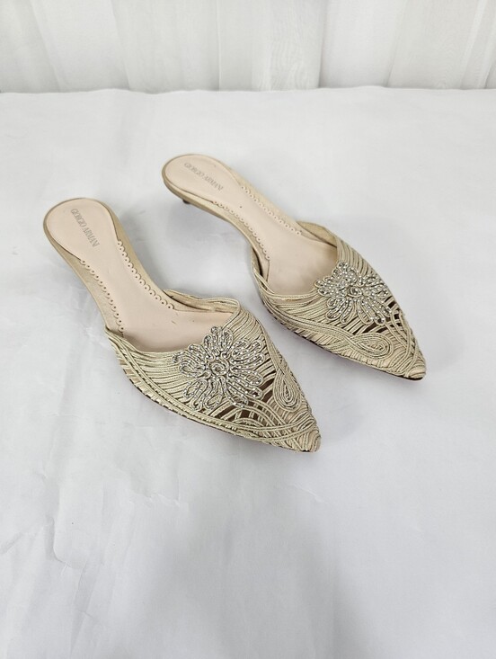 Giorgio Armani Shoes - Vintage Giorgio Armani Corded Metallic Gold Embellished Mule Kitten Heel Size 38
